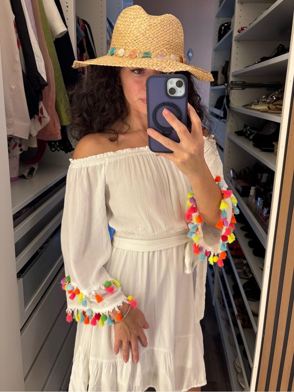 Off-Shoulder White Mini Dress with Colorful Pom-Pom Trim